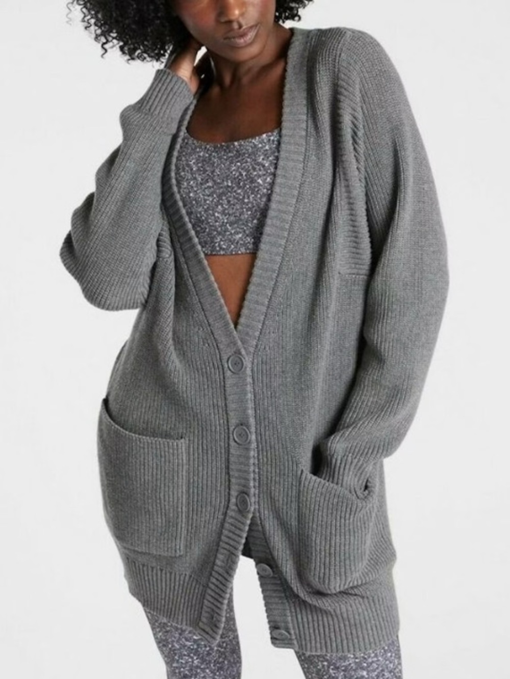 French Connection Gray Ribbed Button-Front Cardigan